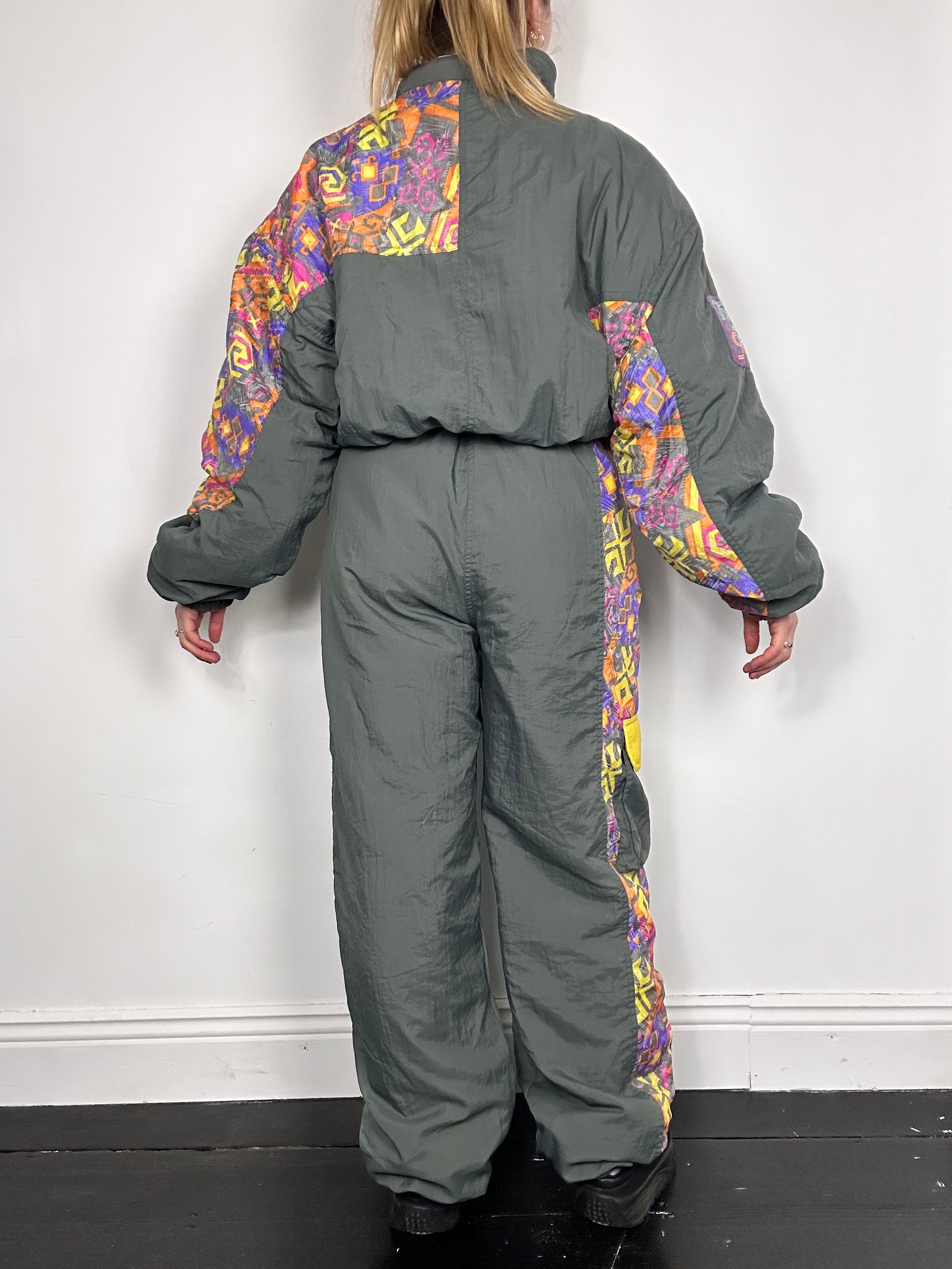 Grey And Yellow 80's Ski Suit Size L