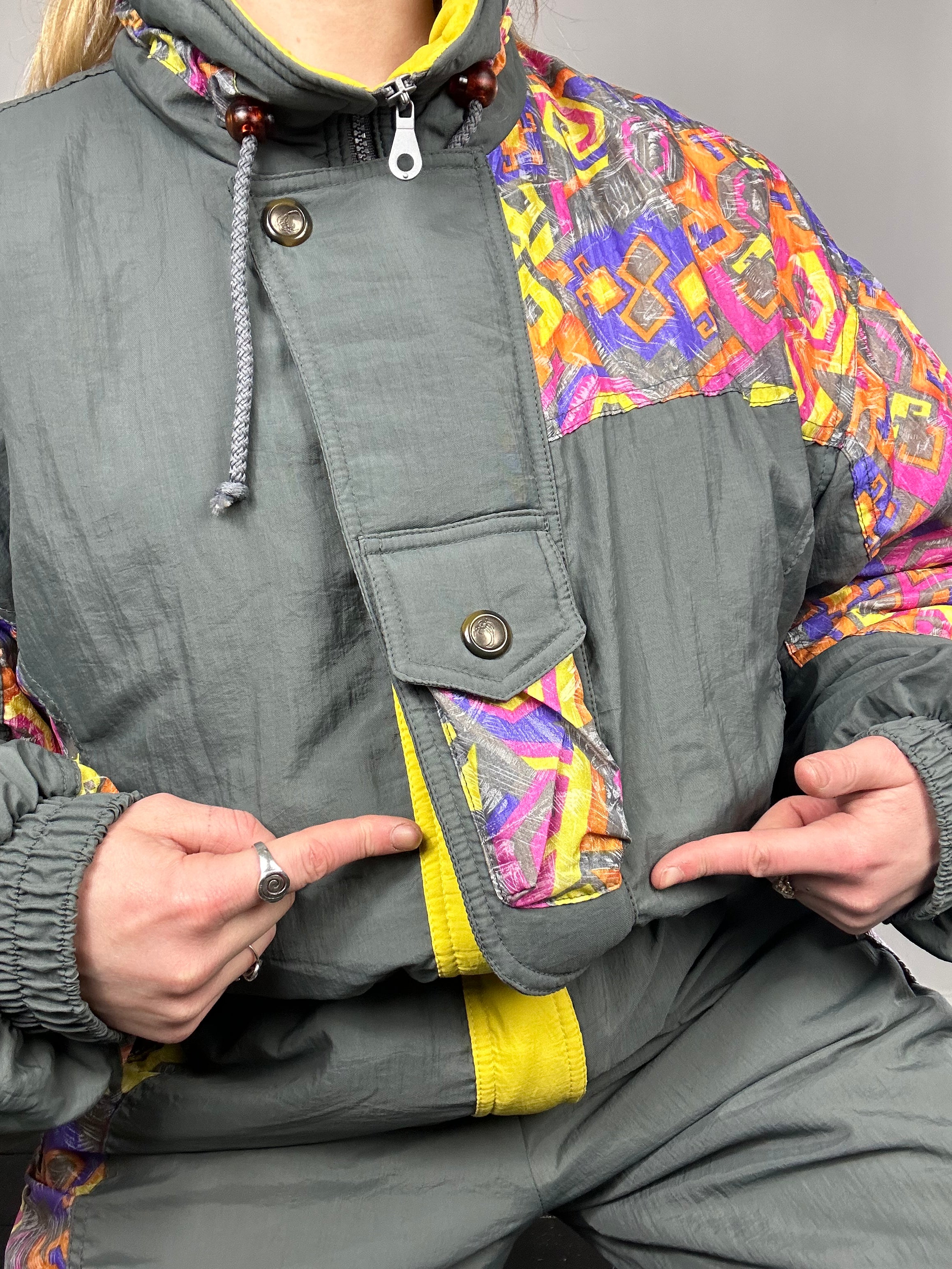 Grey And Yellow 80's Ski Suit Size L