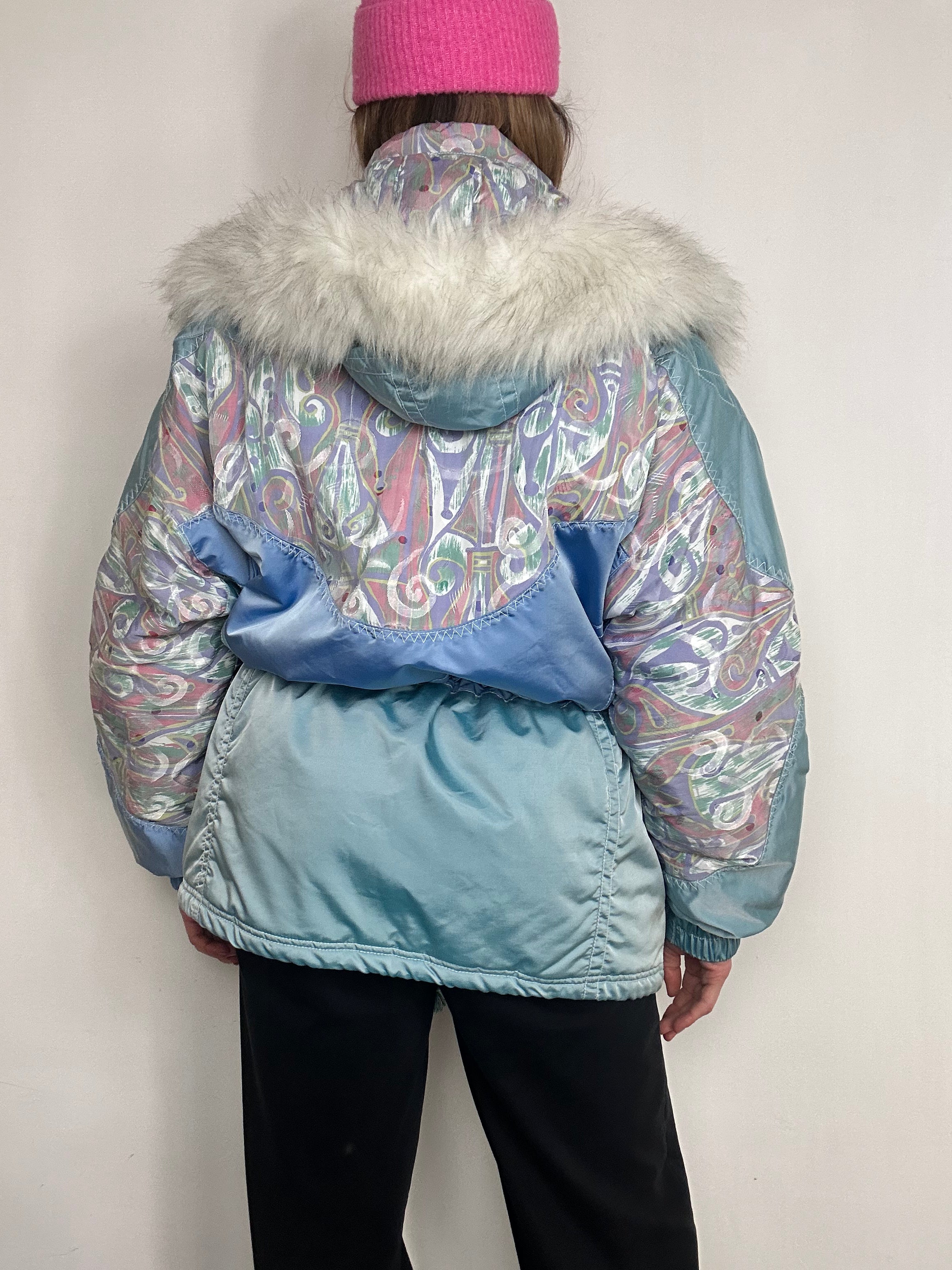 Blue Fur Hood 80's Ski Jacket Size M