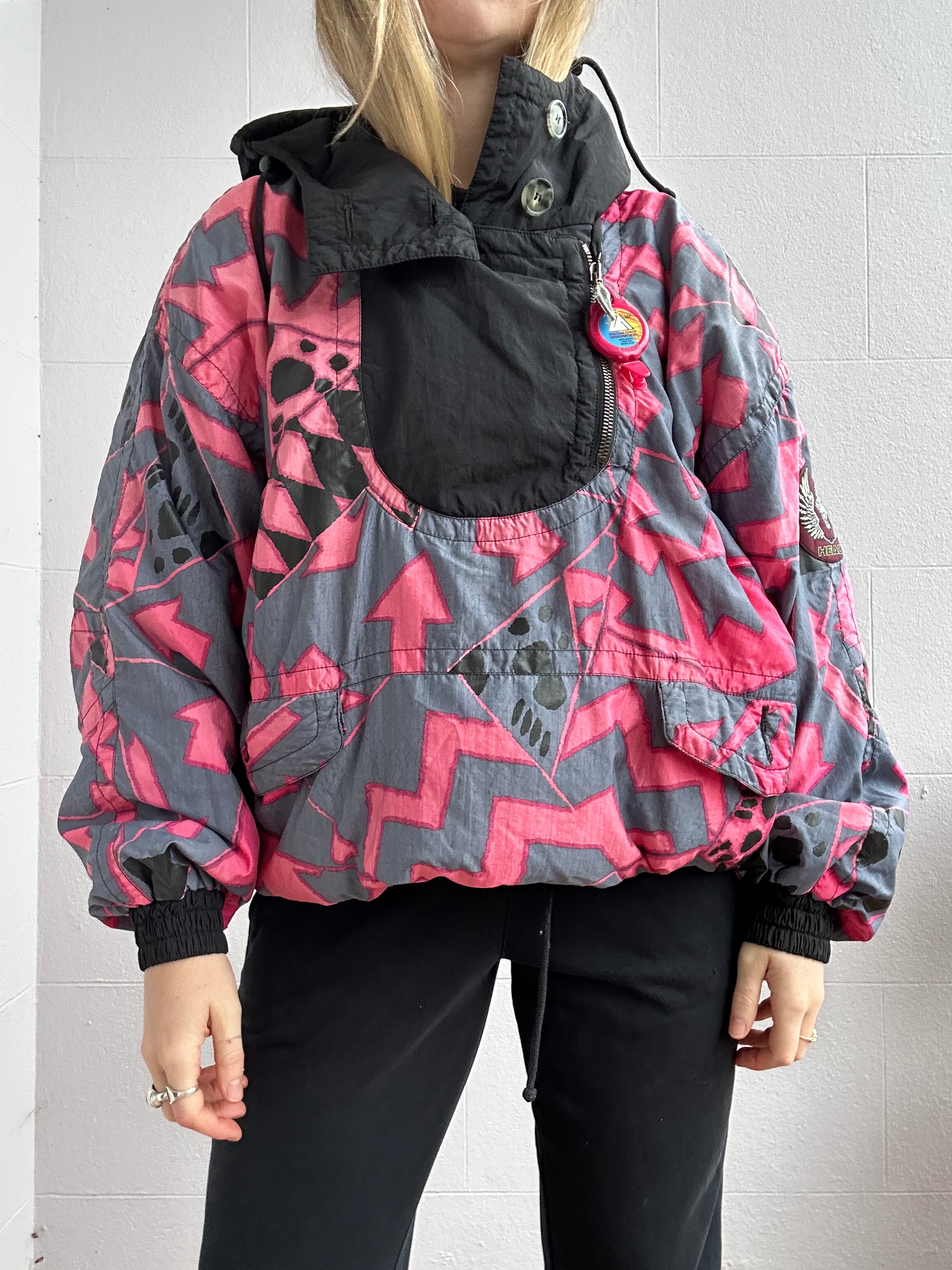 Pink 80's Print half Zip Ski Jacket Size L