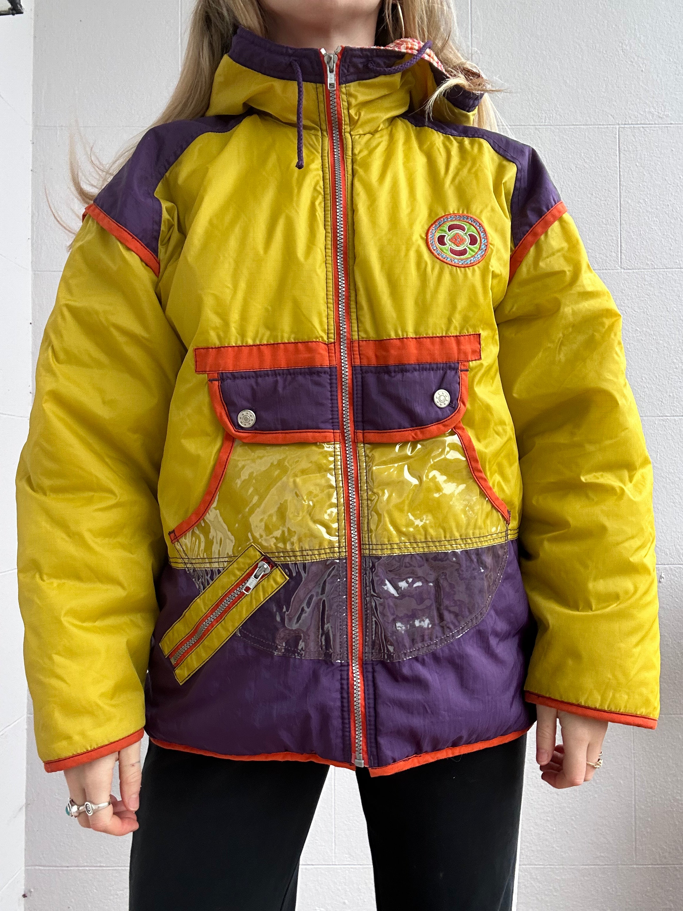 Yellow Tartan Floral Ski Jacket Size M